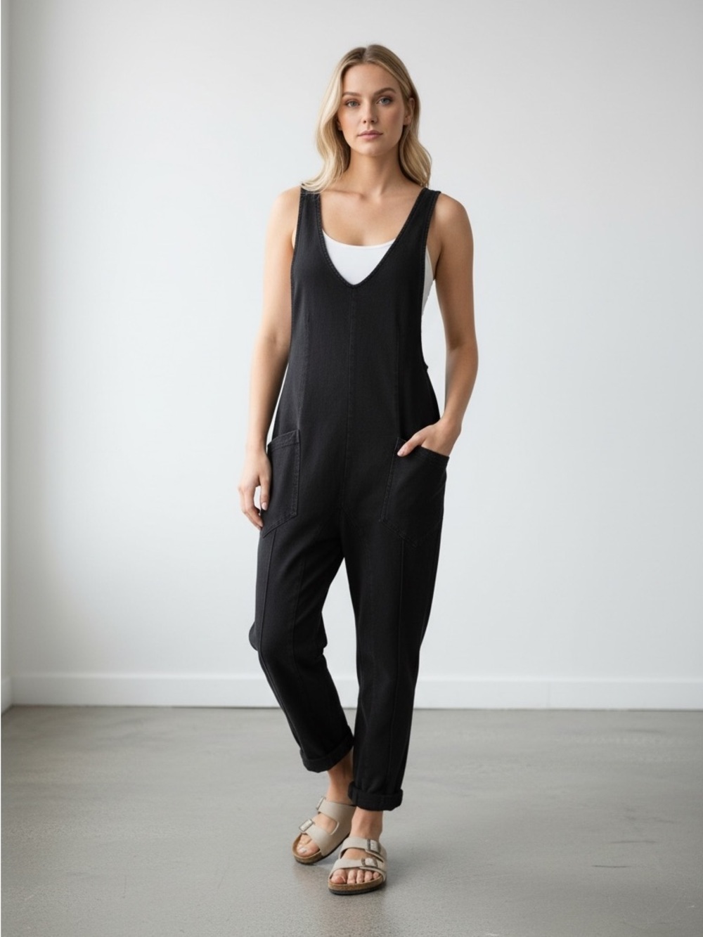 Exlura High Roller Bib romper Casual Loose Overalls Baggy Jeans with Pocket M